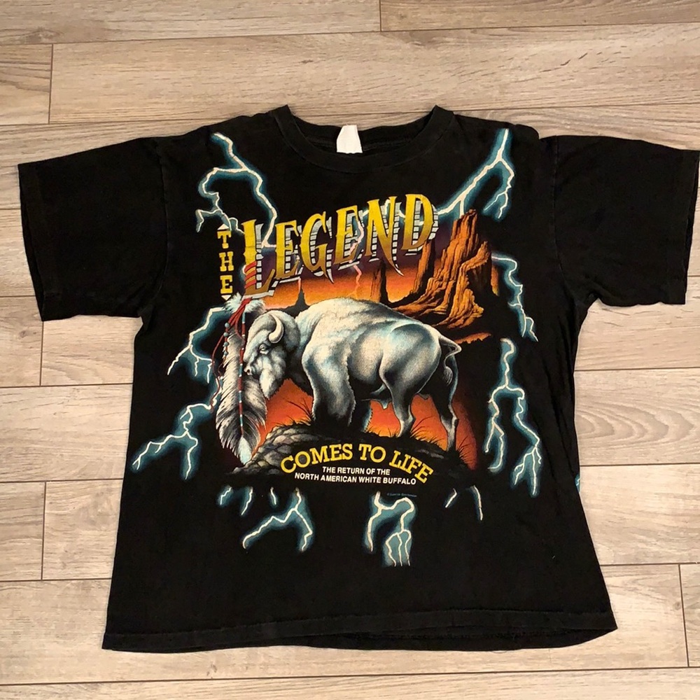 AMERICAN THUNDER The Legend Bull Single Stitch Shirt Sz L VTG 90s RARE